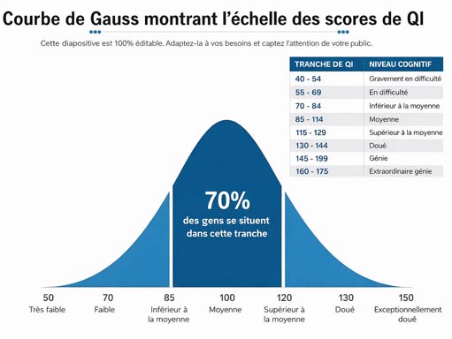 Courbe de Gauss montrant l'échelle des scores de QI